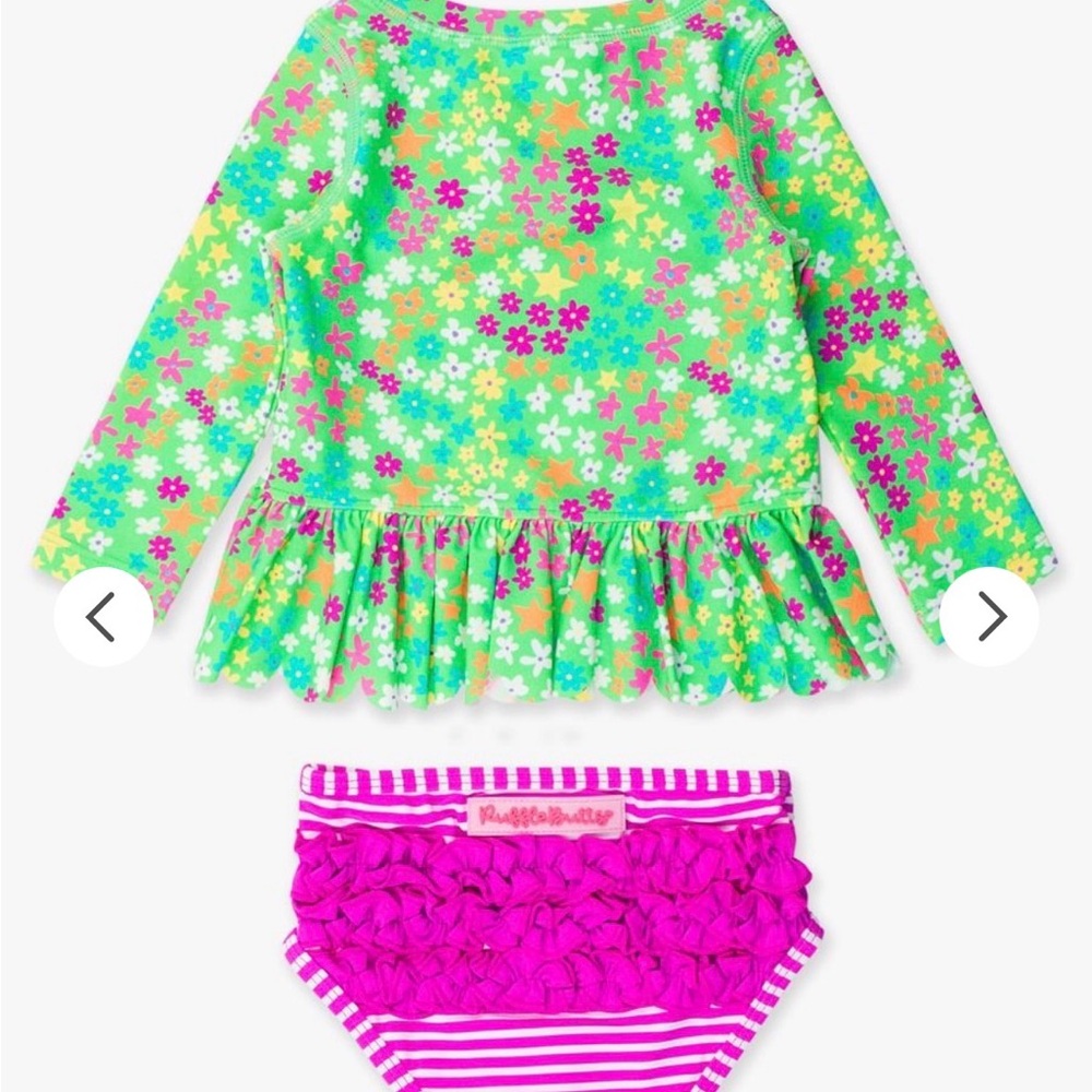 RuffleButts Scallop Hem Long Sleeve Rash Guard 2-Piece w/ Signature Rear Ruffles